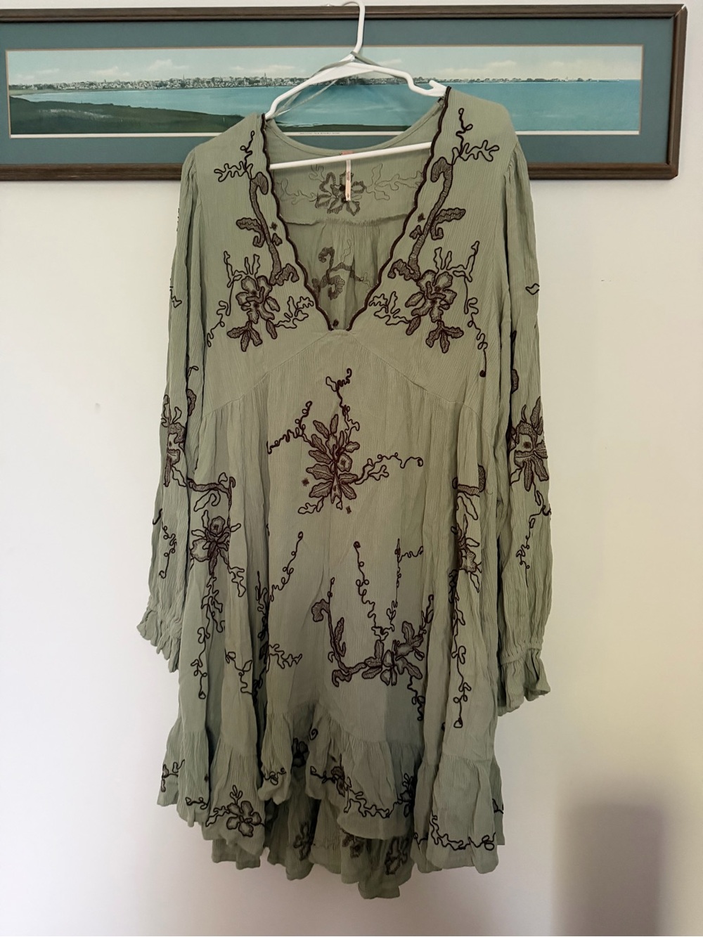 Free People Sage Green Embroidered Boho Top